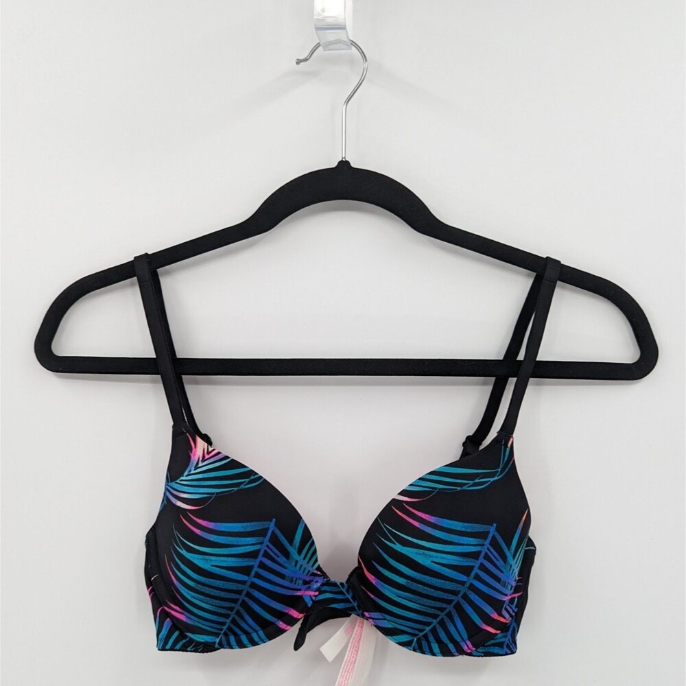 Victoria's Secret PINK Bra 32B Black Blue Palm T-shirt Lightly Lined-READ